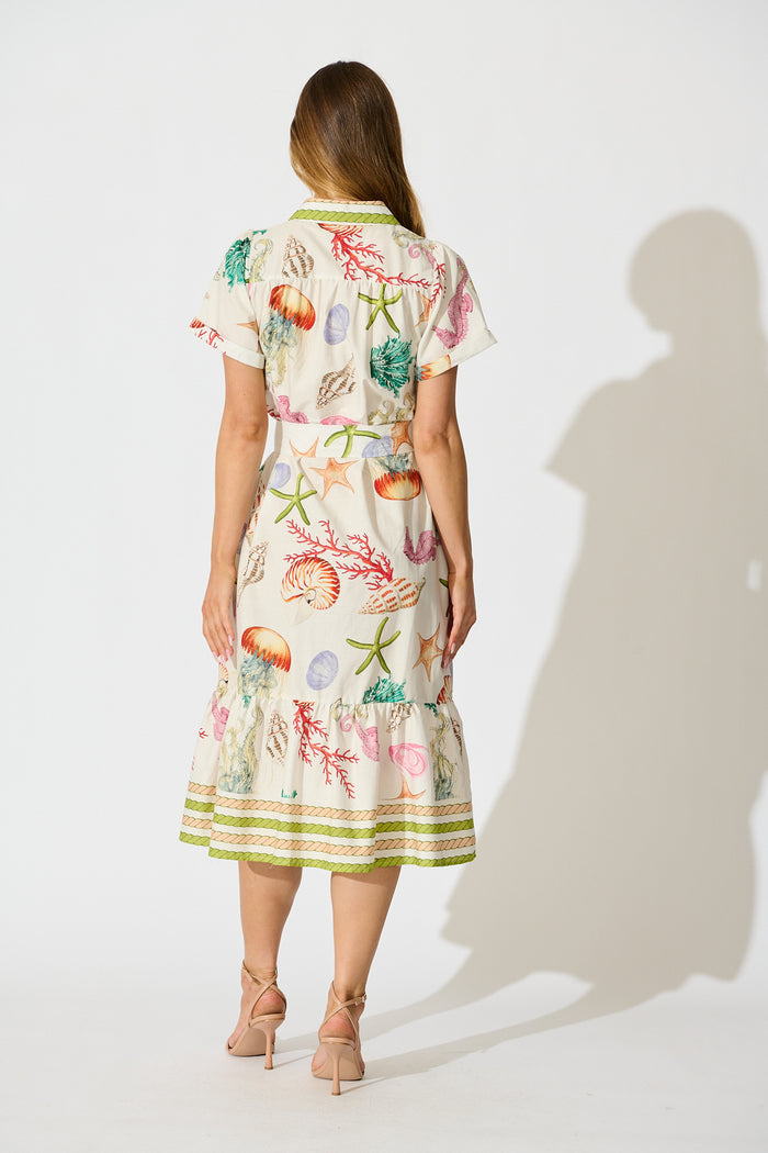 Terah Midi Shirt Dress in White with Multi Seashell Cotton back