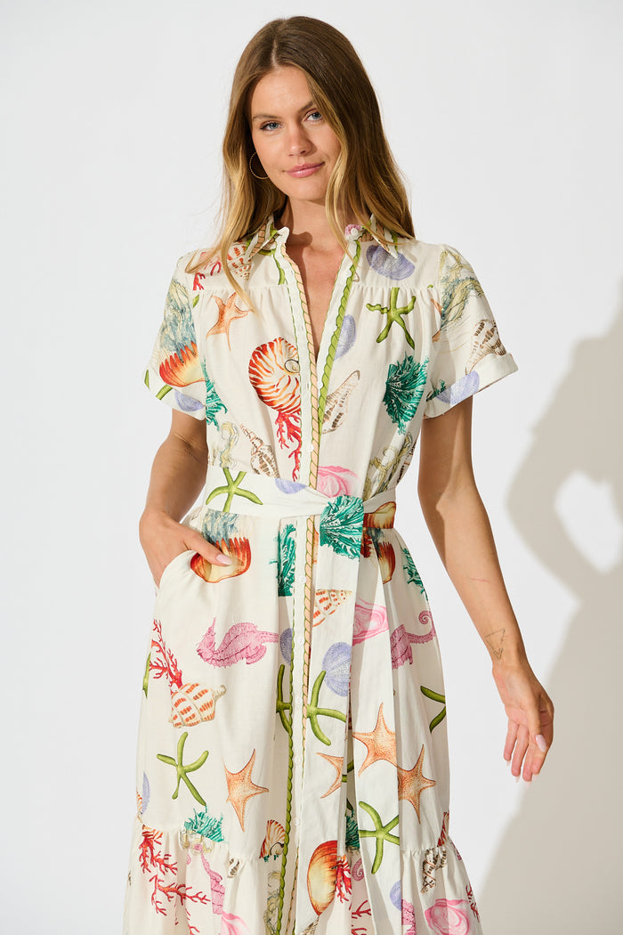 Terah Midi Shirt Dress in White with Multi Seashell Cotton front