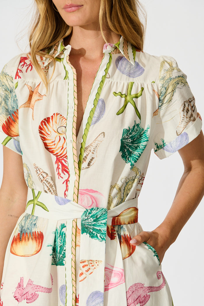 Terah Midi Shirt Dress in White with Multi Seashell Cotton detail