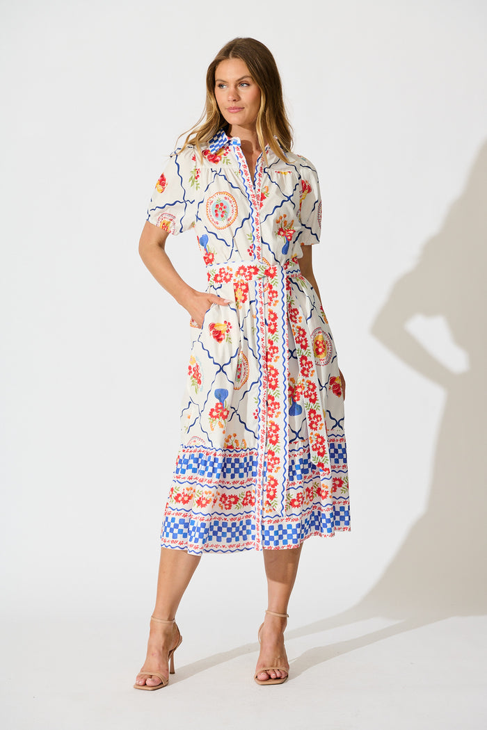 Gorgina Midi Shirt Dress in White Multi Tile Cotton full length