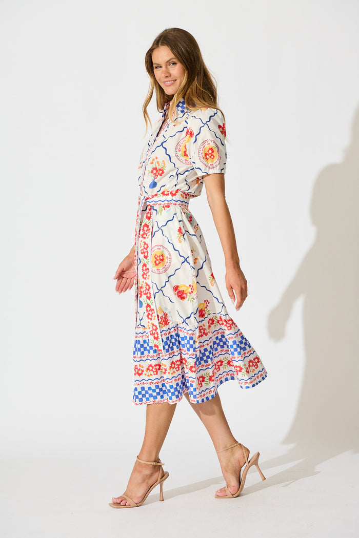 Gorgina Midi Shirt Dress in White Multi Tile Cotton side