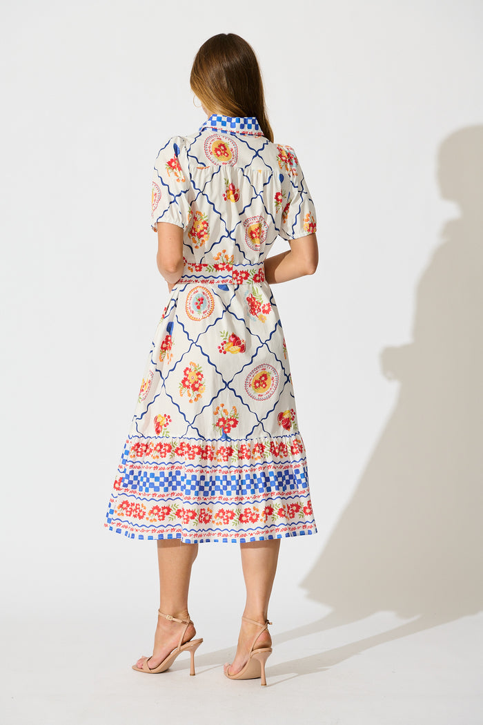 Gorgina Midi Shirt Dress in White Multi Tile Cotton back