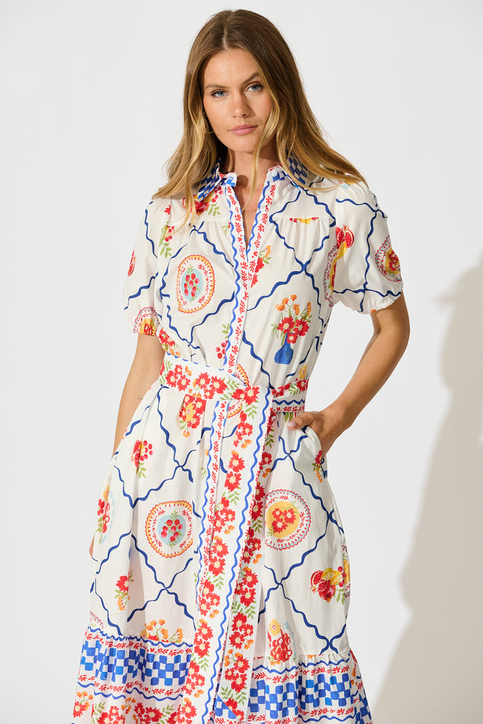 Gorgina Midi Shirt Dress in White Multi Tile Cotton front