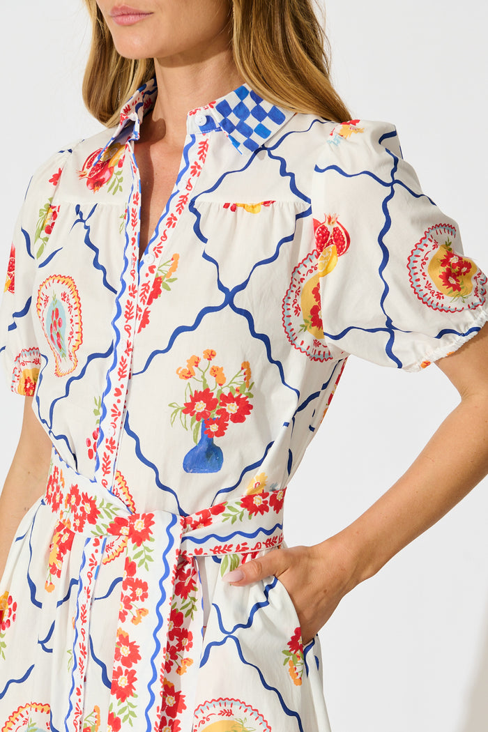 Gorgina Midi Shirt Dress in White Multi Tile Cotton detail