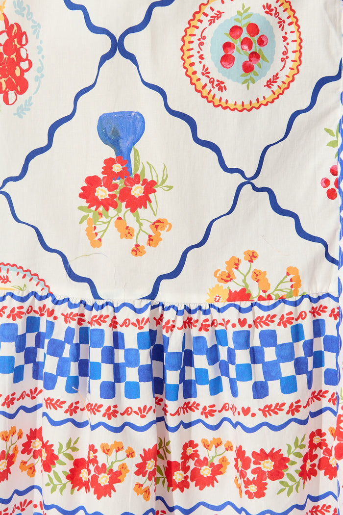 Gorgina Midi Shirt Dress in White Multi Tile Cotton fabric