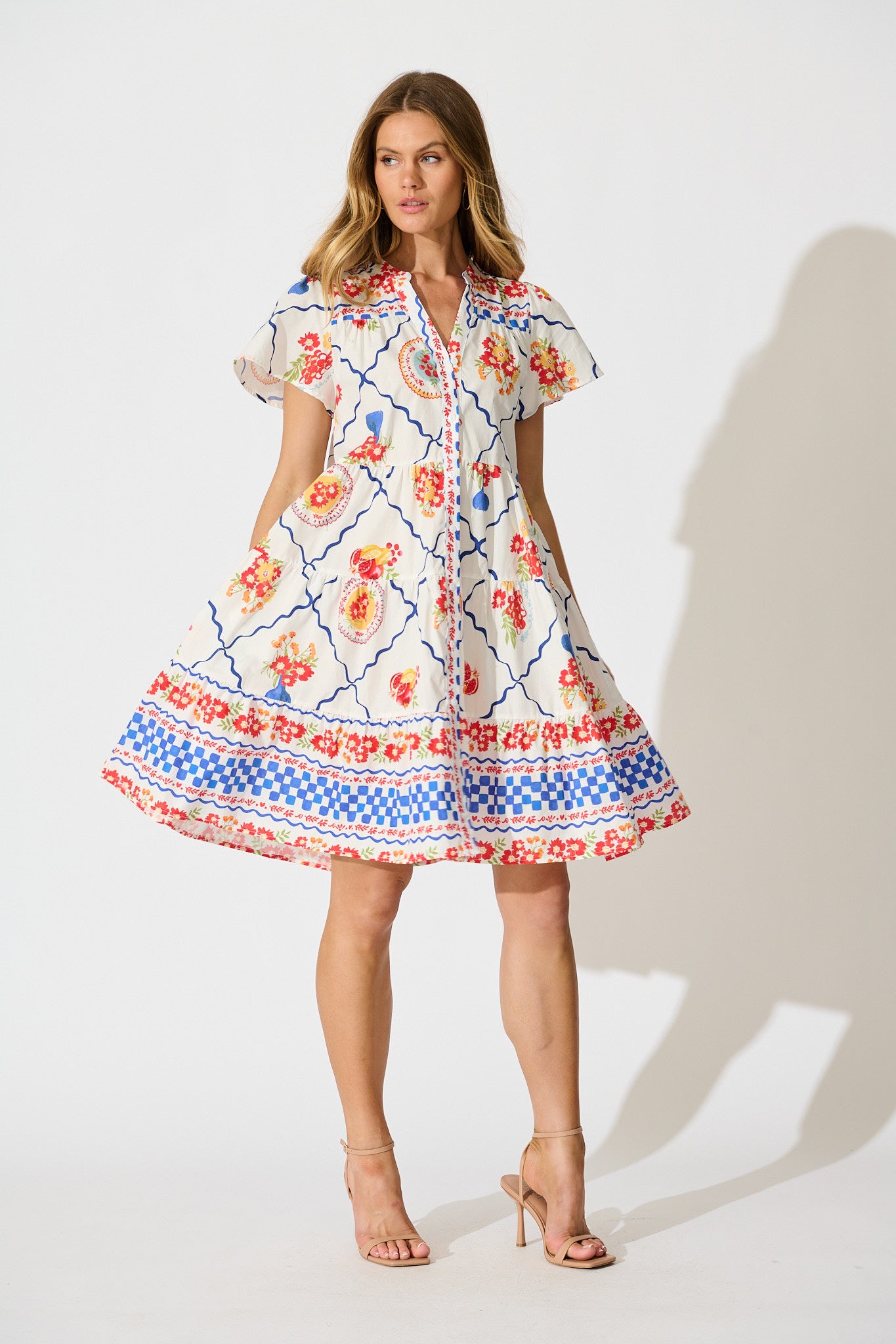 Briene Smock Dress in White Multi Tile Cotton full length
