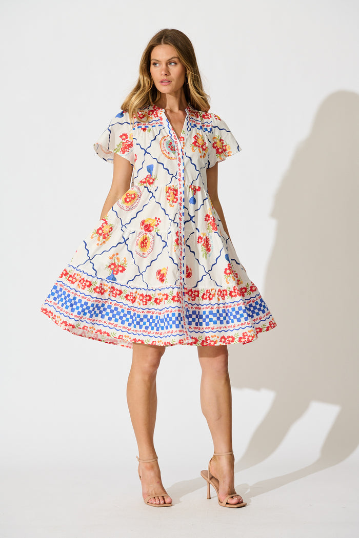 Briene Smock Dress in White Multi Tile Cotton full length