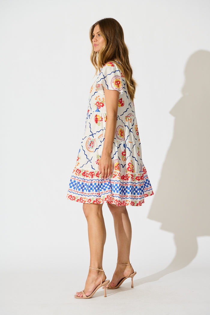 Briene Smock Dress in White Multi Tile Cotton side