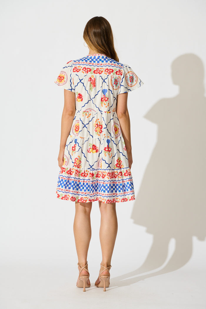 Briene Smock Dress in White Multi Tile Cotton back