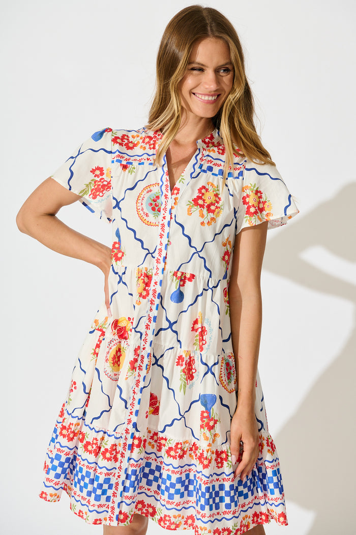 Briene Smock Dress in White Multi Tile Cotton front
