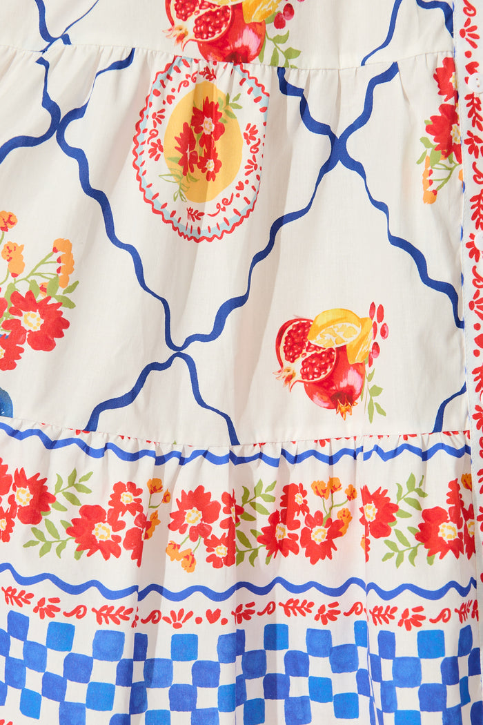 Briene Smock Dress in White Multi Tile Cotton fabric