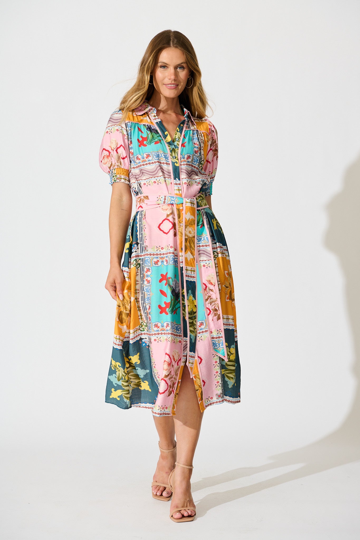 Narcisa Midi Shirt Dress in Multi Floral Tile Print full length