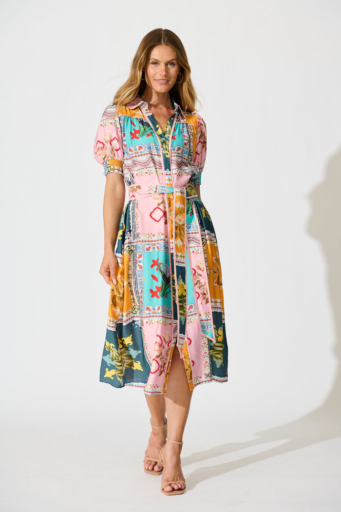Narcisa Midi Shirt Dress in Multi Floral Tile Print full length