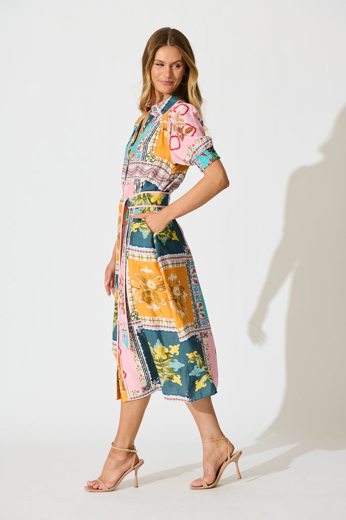 Narcisa Midi Shirt Dress in Multi Floral Tile Print side