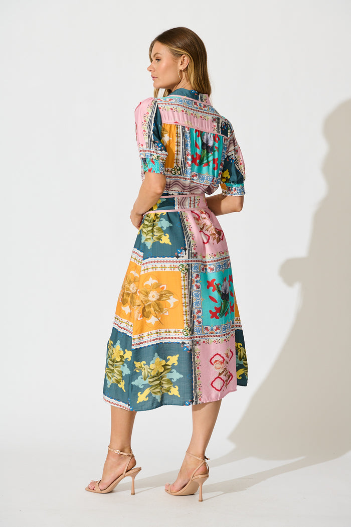 Narcisa Midi Shirt Dress in Multi Floral Tile Print back