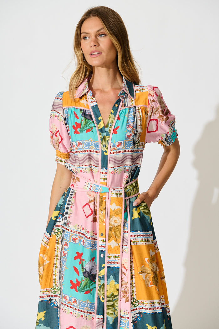 Narcisa Midi Shirt Dress in Multi Floral Tile Print front