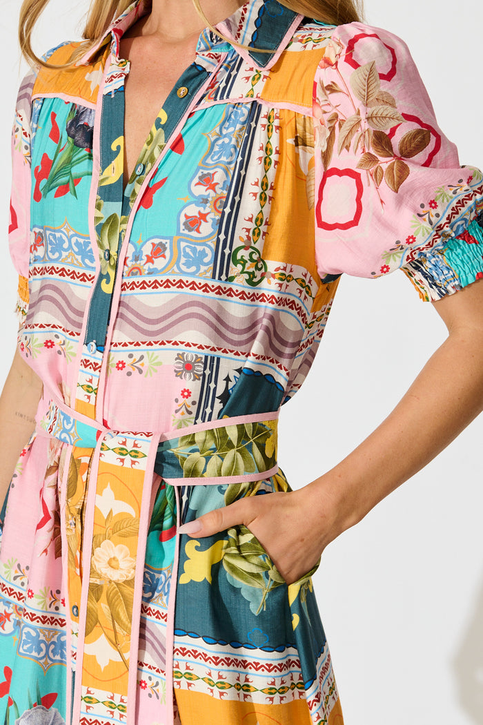 Narcisa Midi Shirt Dress in Multi Floral Tile Print detail