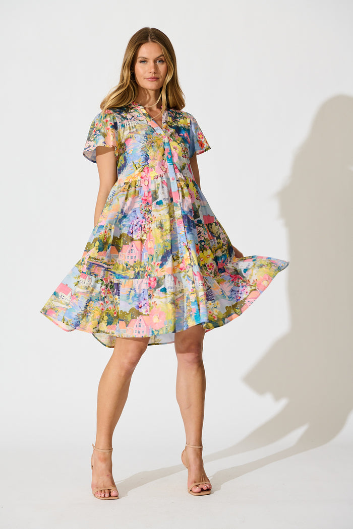 Briene Smock Dress in Multi Landscape Floral Cotton full length