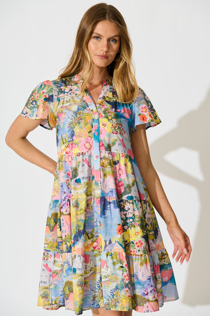 Briene Smock Dress in Multi Landscape Floral Cotton front