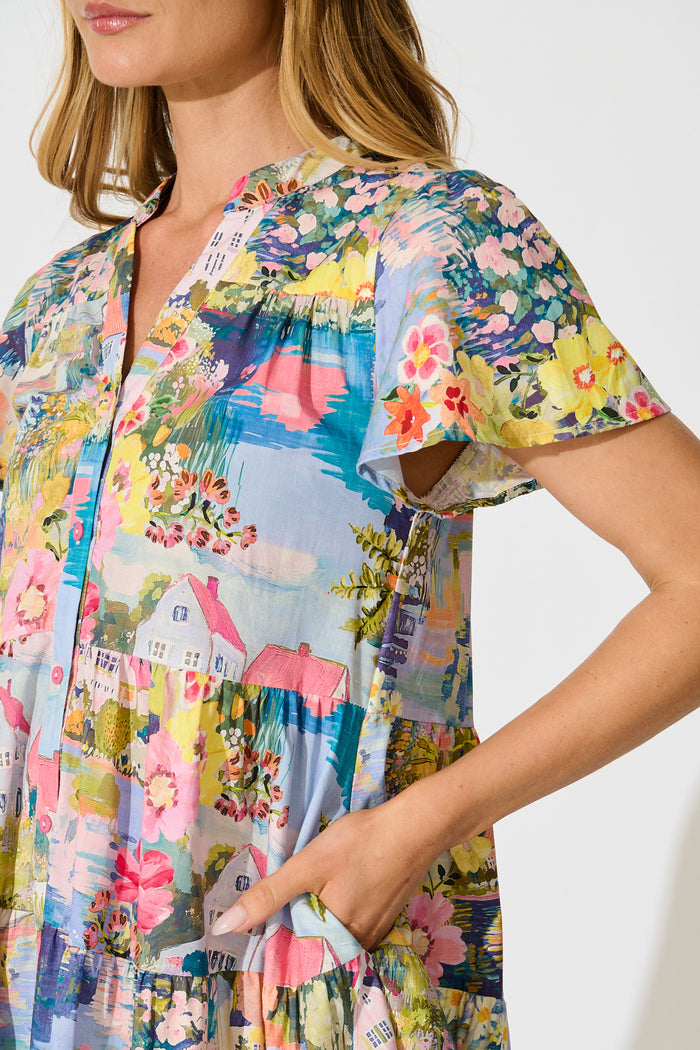 Briene Smock Dress in Multi Landscape Floral Cotton detail