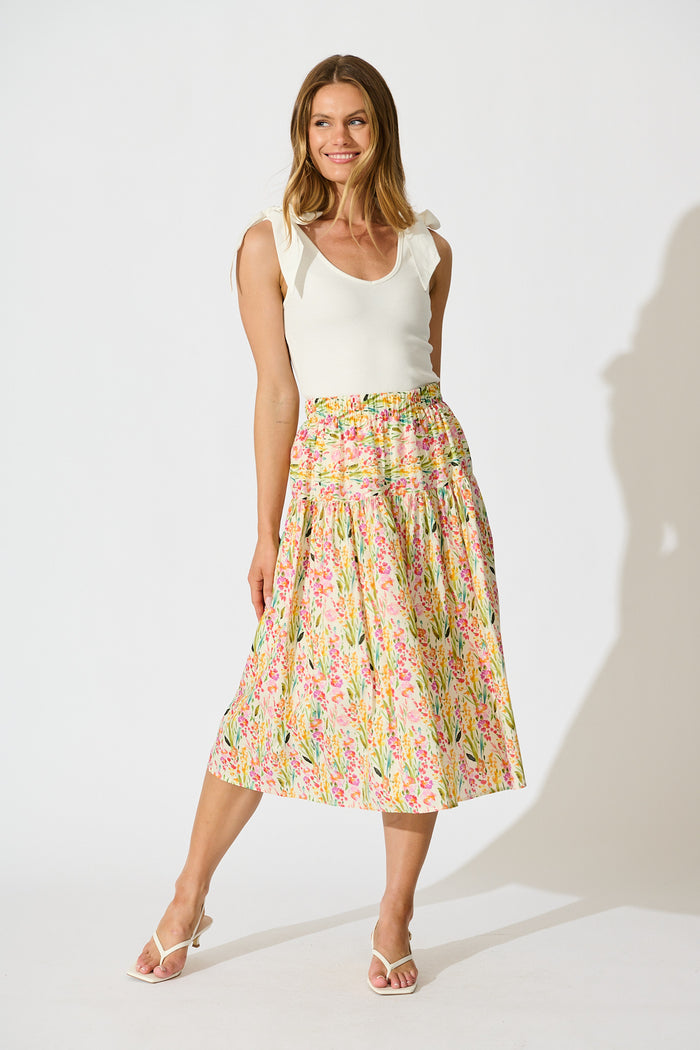 Timara Midi Skirt in Multi Floral Cotton Blend full length