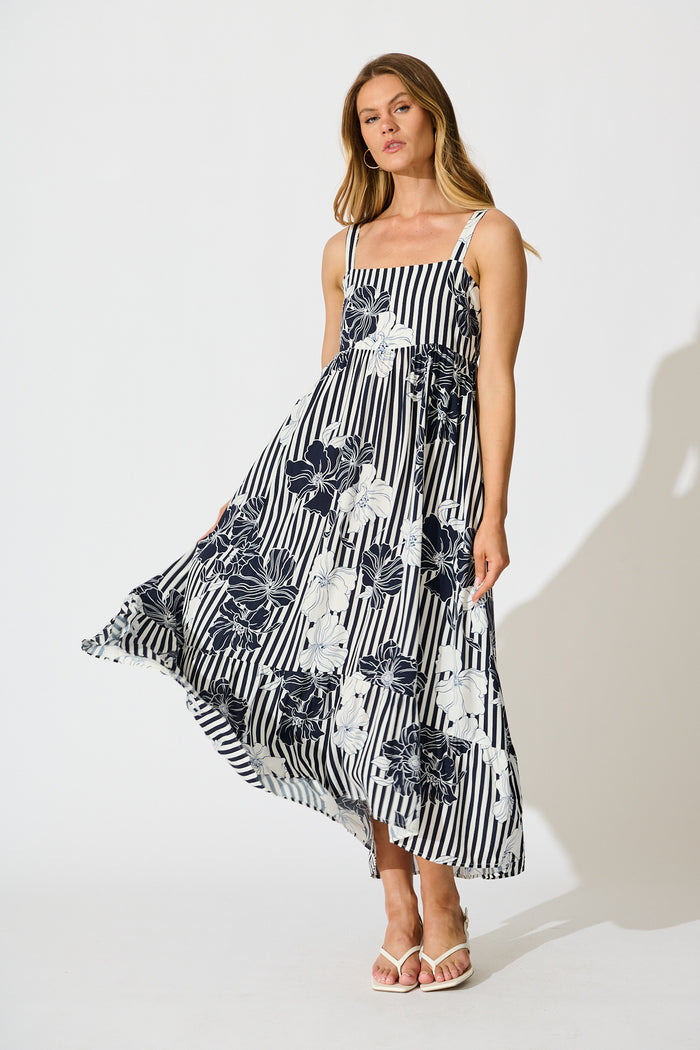 Oceanline Maxi Sundress in Navy Stripe Floral full length