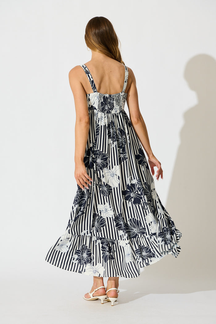 Oceanline Maxi Sundress in Navy Stripe Floral back