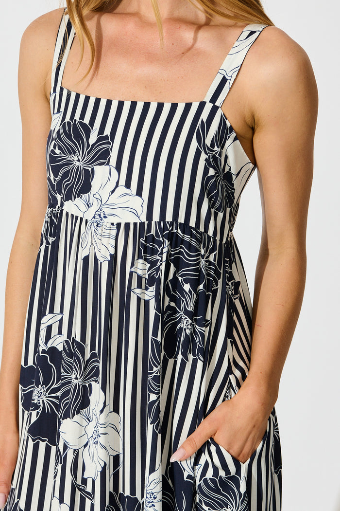 Oceanline Maxi Sundress in Navy Stripe Floral detail