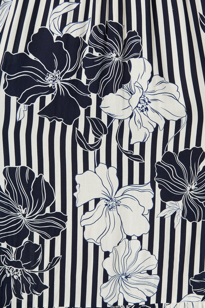 Oceanline Maxi Sundress in Navy Stripe Floral fabric
