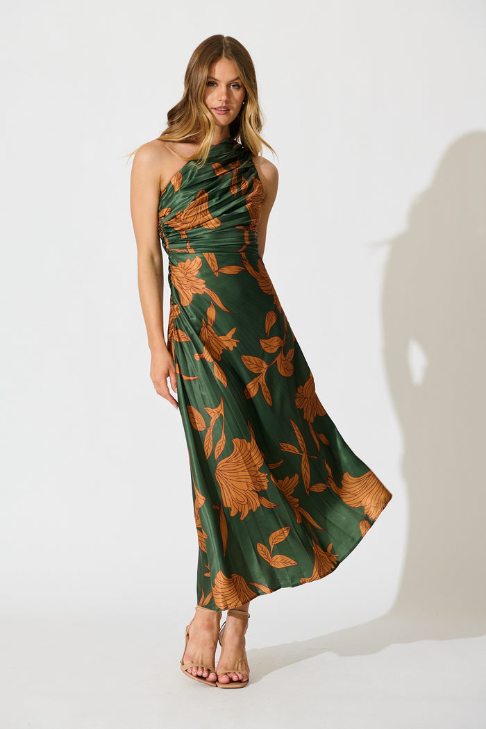 Toulon One Shoulder Maxi Dress In Khaki With Rust Leaf Print Pleated Satin