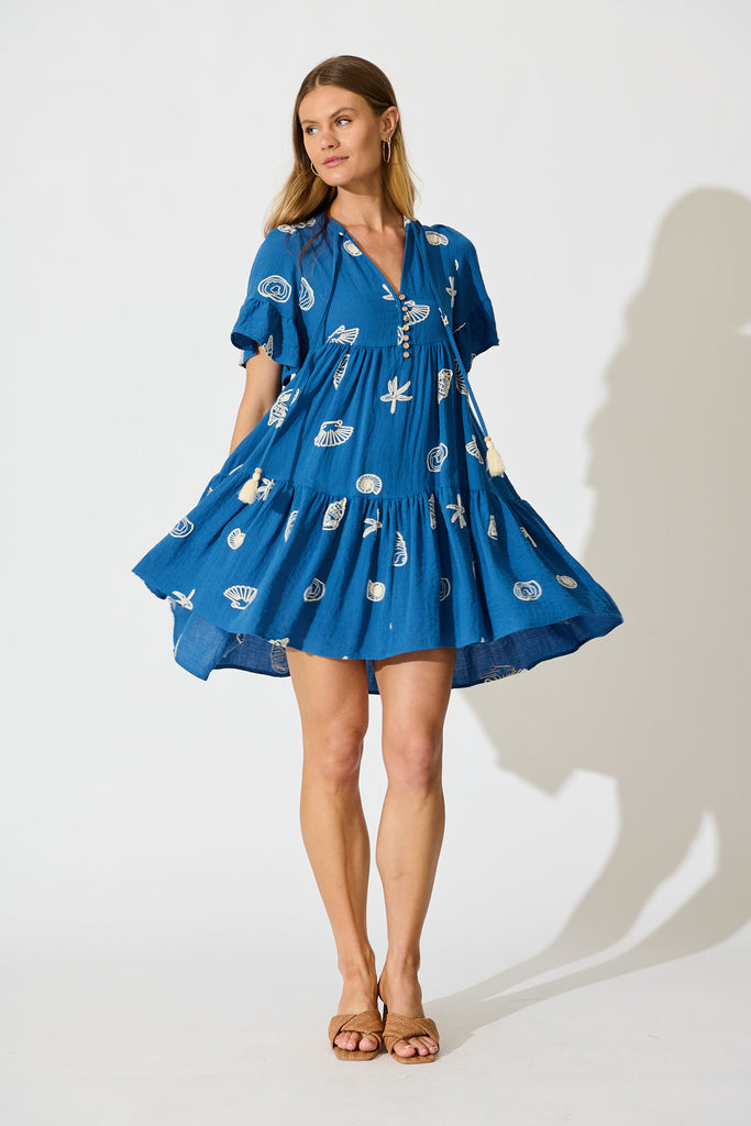 Tahnee Smock Dress in Blue with White Seashell Embroidery full length