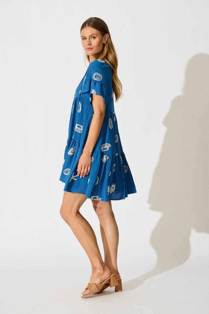 Tahnee Smock Dress in Blue with White Seashell Embroidery side