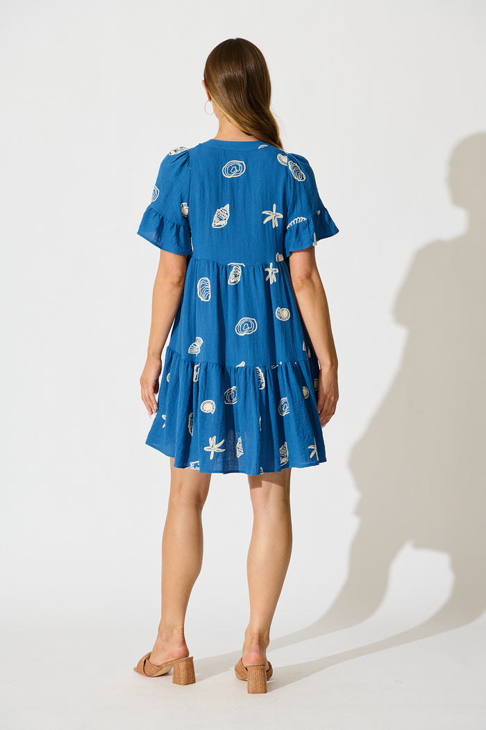 Tahnee Smock Dress in Blue with White Seashell Embroidery back