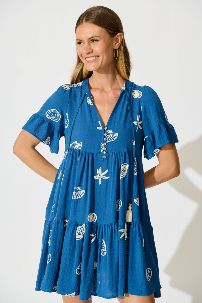Tahnee Smock Dress in Blue with White Seashell Embroidery front