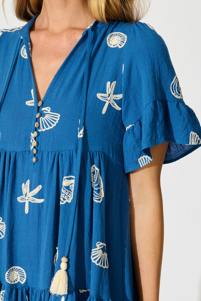 Tahnee Smock Dress in Blue with White Seashell Embroidery detail