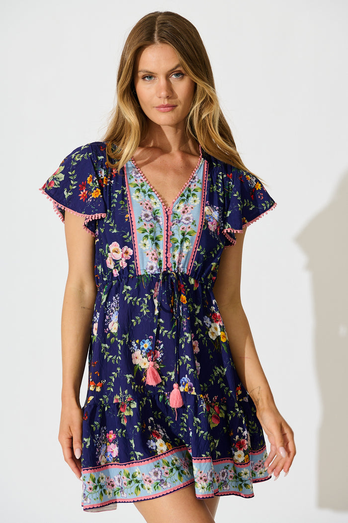 Tenaya Dress in Navy with Multi Floral Boho Print front