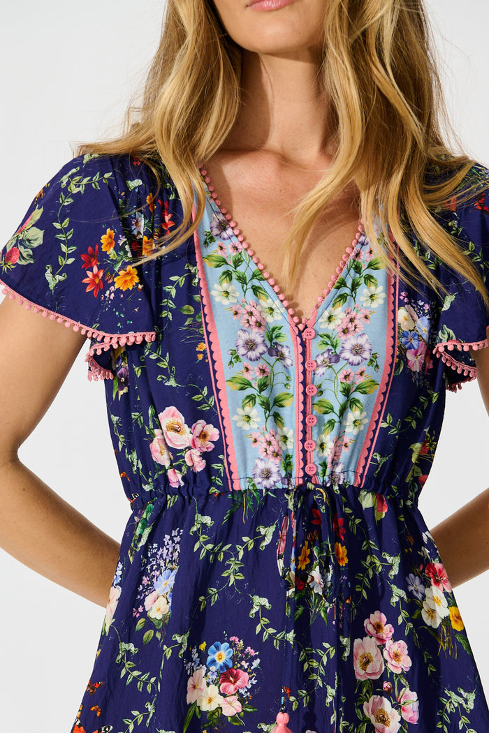 Tenaya Dress in Navy with Multi Floral Boho Print detail