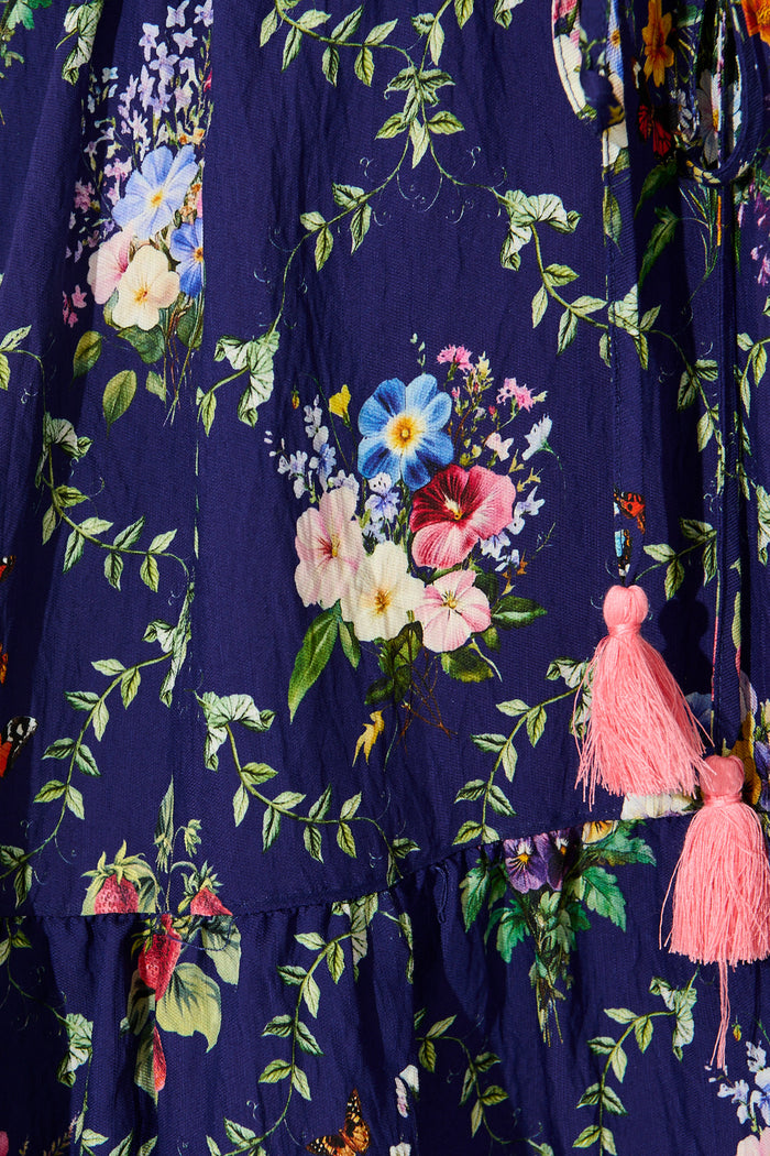 Tenaya Dress in Navy with Multi Floral Boho Print fabric