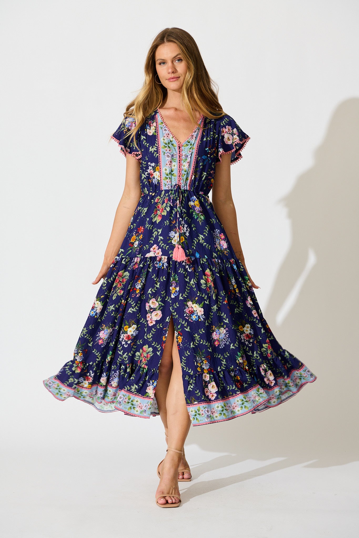 Alice Maxi Dress in Navy with Multi Floral Boho Print full length