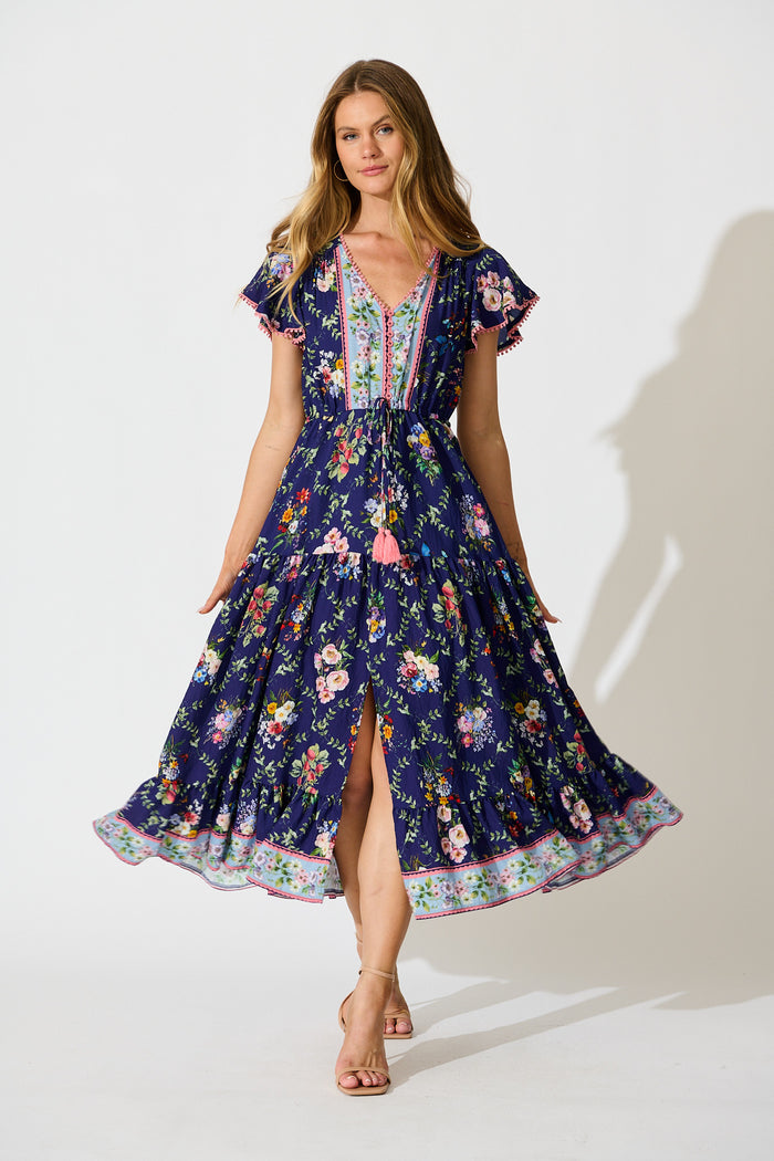 Alice Maxi Dress in Navy with Multi Floral Boho Print full length