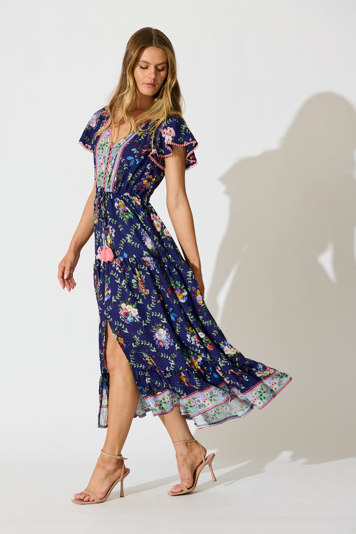 Alice Maxi Dress in Navy with Multi Floral Boho Print side