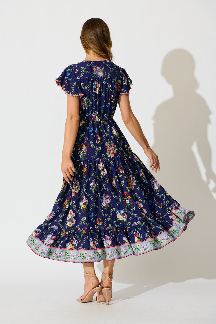 Alice Maxi Dress in Navy with Multi Floral Boho Print back