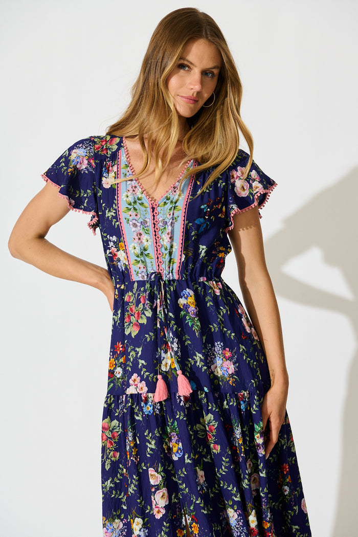 Alice Maxi Dress in Navy with Multi Floral Boho Print front