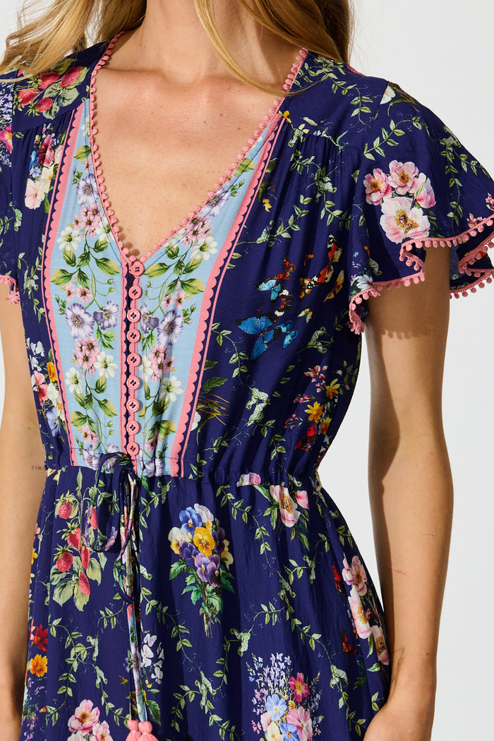 Alice Maxi Dress in Navy with Multi Floral Boho Print detail