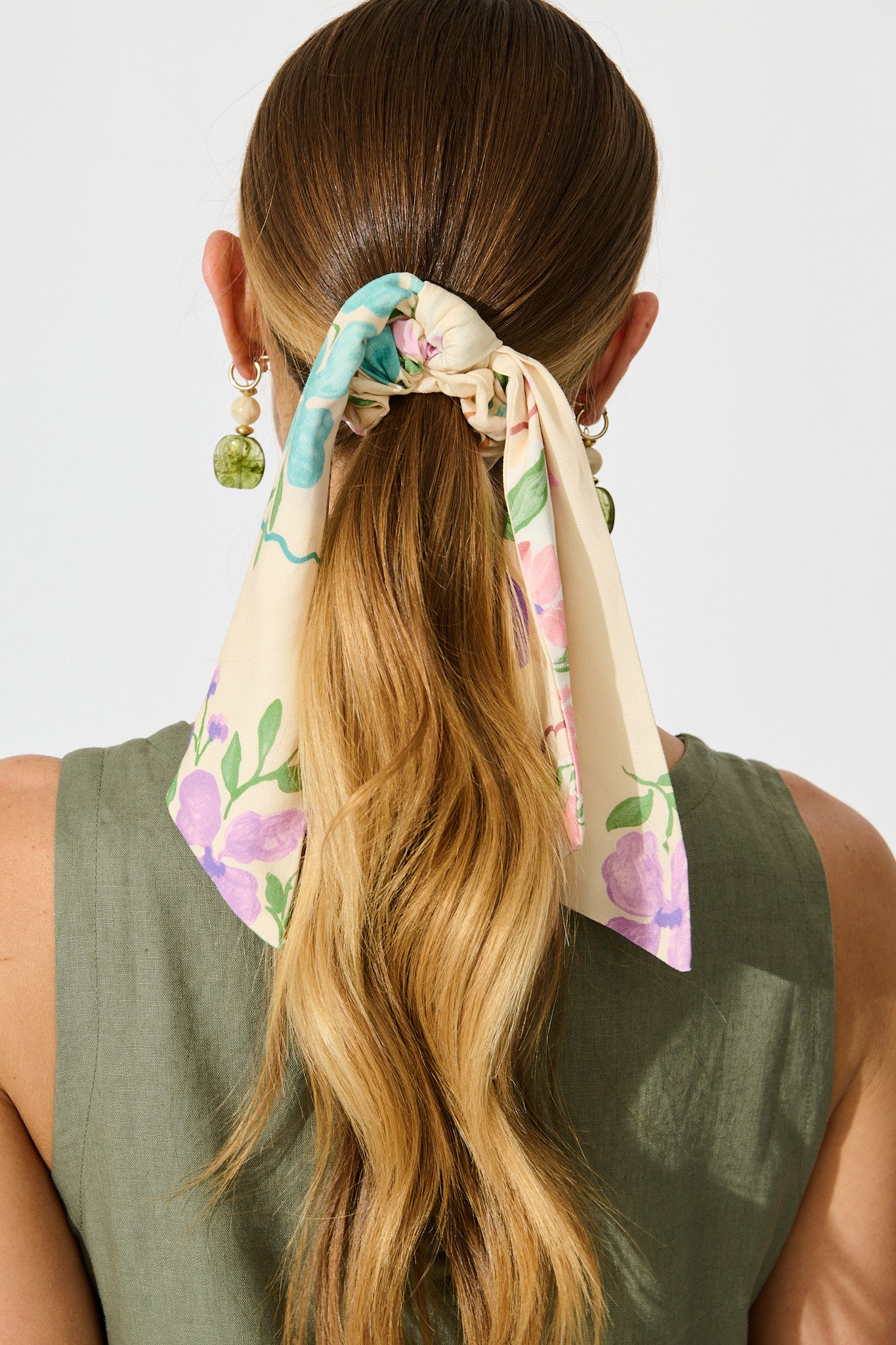Jody Scrunchie with Tails in Multi Conversational Print on model back