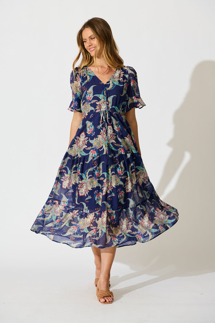 Maverick Midi Dress in Navy Multi Print full length