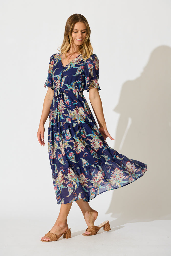 Maverick Midi Dress in Navy Multi Print side