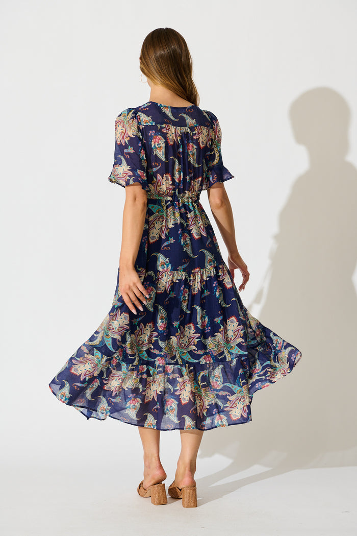 Maverick Midi Dress in Navy Multi Print back