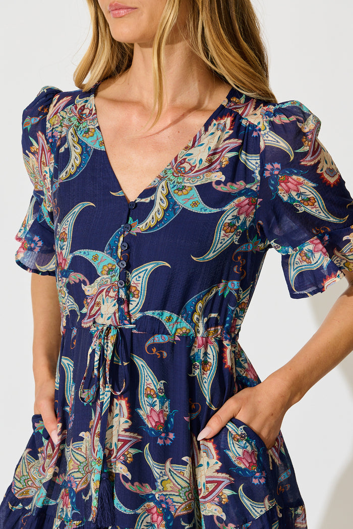 Maverick Midi Dress in Navy Multi Print detail