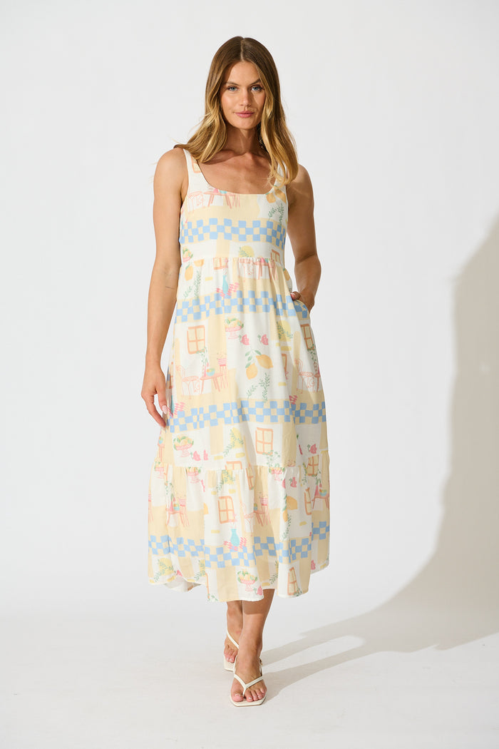 Calli Midi Sundress in Yellow Multi Lemon Linen Blend full length